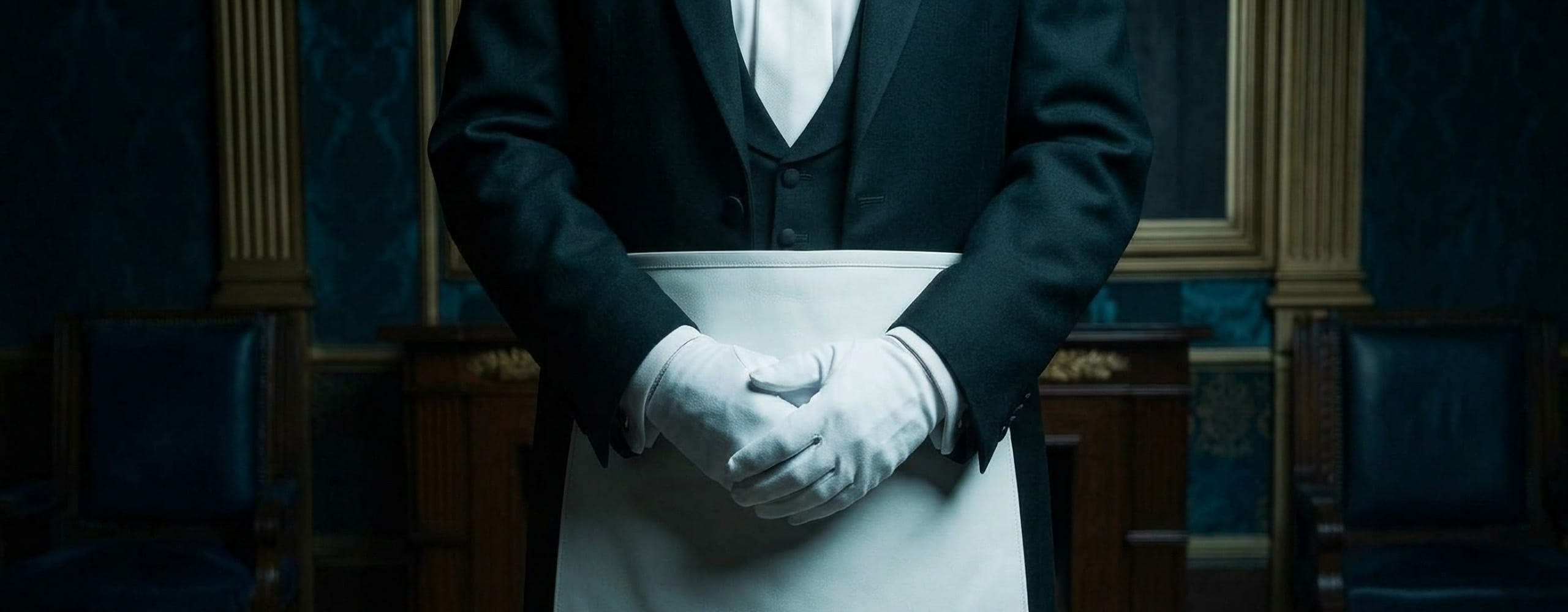 Ein Freimaurer mit weißen Handschuhen in dunkler Kulisse